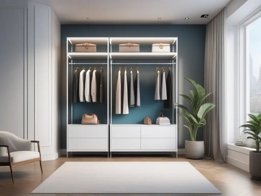 Organizador de armario moderno para petite: ¡chic y sofisticado! Armario organizado con racks cromados, separadores acrílicos y luces LED para destacar prendas petite de forma elegante
