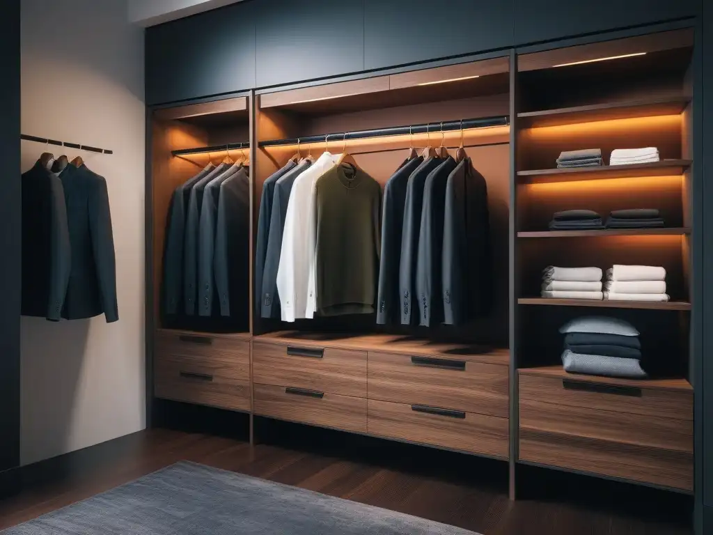 Armario organizado: Ropa de talla alta doblada y ordenada en estanterías de madera con iluminación integrada Armario organizado con ropa tallas tall, colorida y ordenada en estanterías de madera con iluminación suave integrada