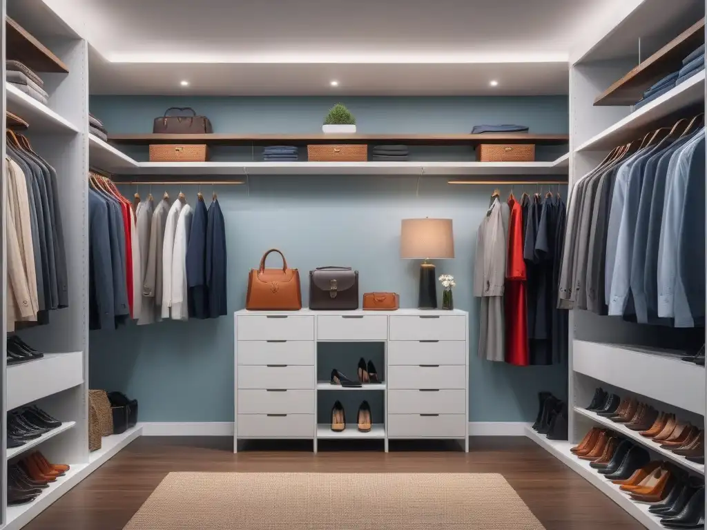 Armario minimalista: espacio organizado y maximizado Un armario organizado con ropa, zapatos y accesorios en estilo moderno y minimalista