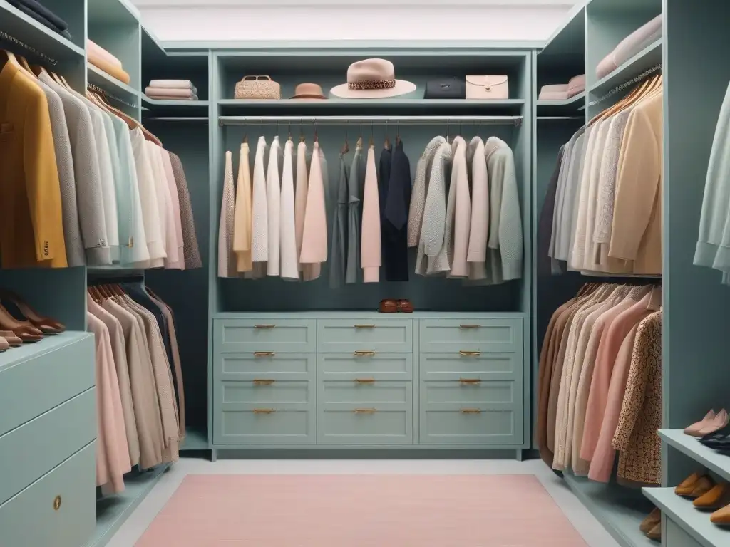 Armario primaveral: organización y estilo en tonos pastel Un armario organizado en tonos suaves y accesorios elegantes, ideal para un cambio de armario suave y estiloso