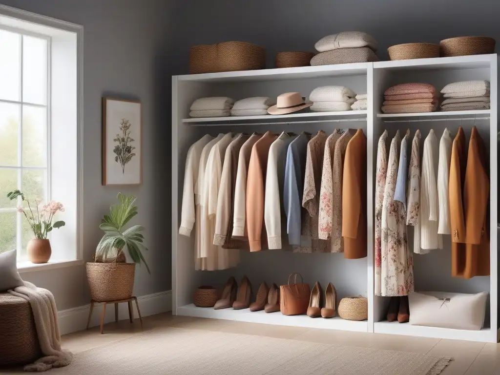 Armario de transición: de primavera a otoño en perfecta armonía Un armario organizado con transición suave de outfits primaverales y veraniegos a tonos cálidos y acogedores para otoño