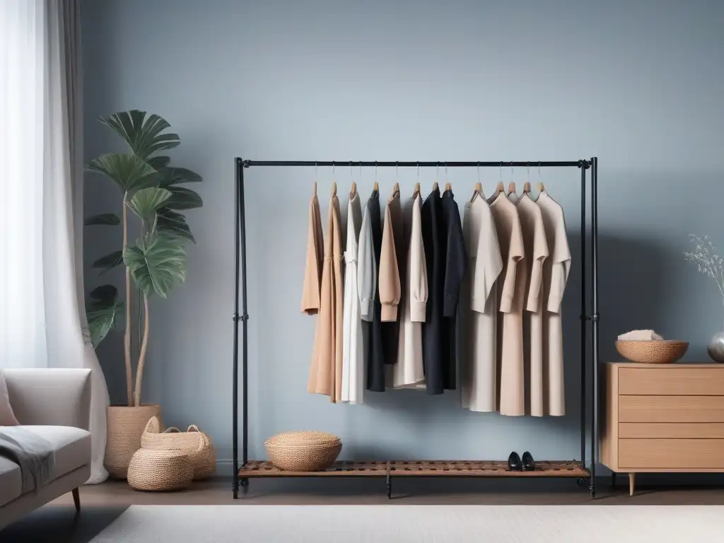 Armario de maternidad minimalista: elegancia serena en tonos suaves Armario de ropa maternidad minimalista y chic con prendas en tonos pastel y neutros, elegantes y organizadas