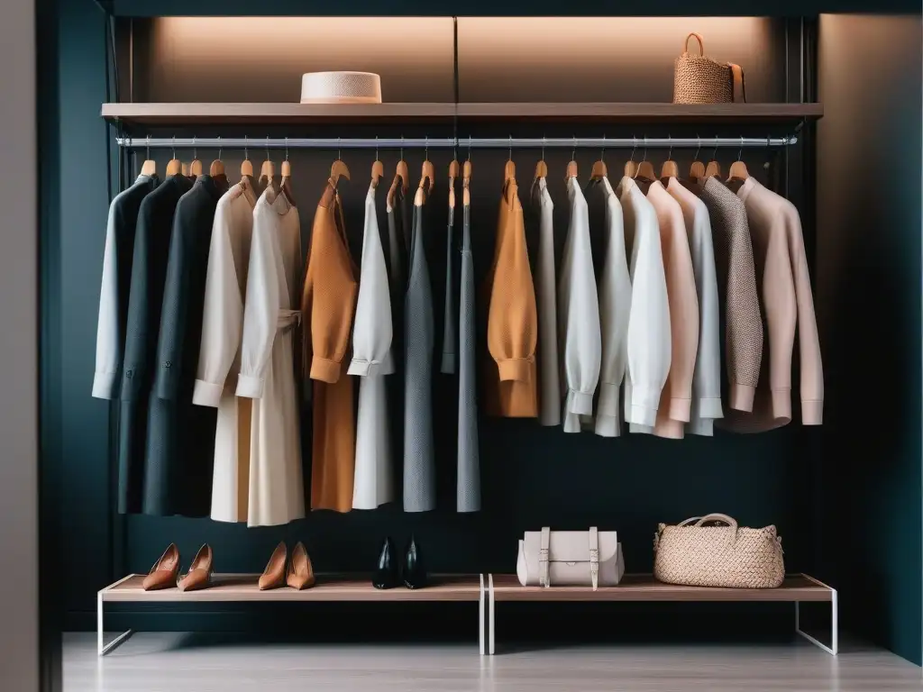 Armario de maternidad minimalista: elegancia y estilo para mamás modernas Armario de ropa maternidad minimalista y chic con selección de prendas elegantes en tonos suaves, iluminado con luz suave