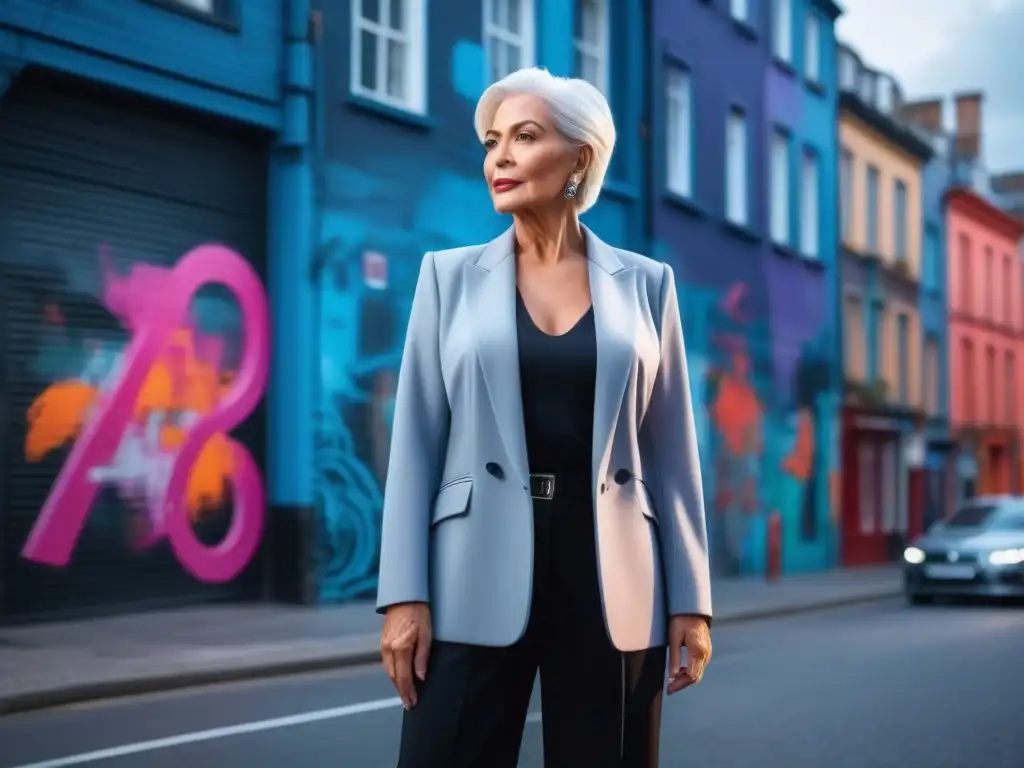 Estilo urbano: mujer mayor elegante con look moderno y sofisticado Actualización armario senior tallas especiales: Mujer mayor elegante en atuendo moderno, segura en entorno urbano vibrante