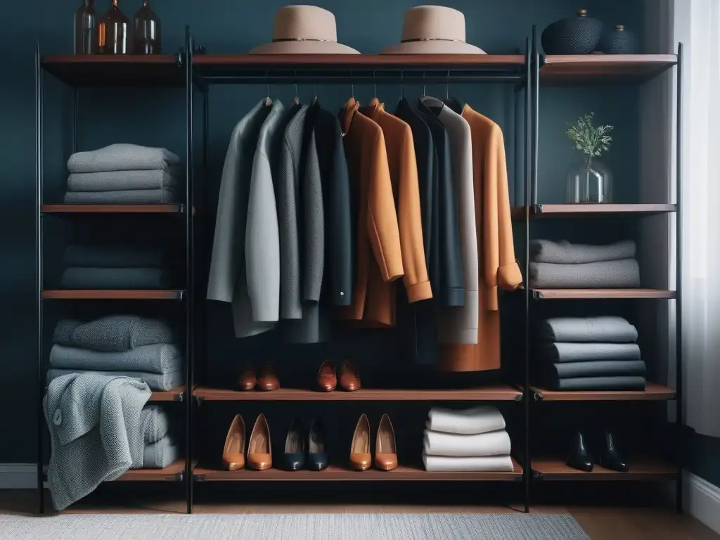 Armario minimalista con prendas seleccionadas y estilo personal Armario que refleje tu singularidad: Un armario minimalista y moderno con prendas en tonos armoniosos y piezas llamativas