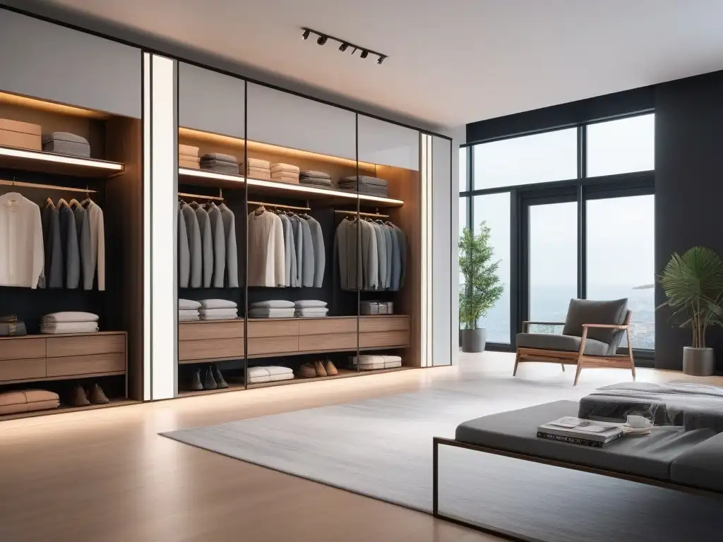 Walk-in closet de lujo: moda sustentable y elegancia Armario sostenible sin sacrificar estilo: lujoso vestidor moderno con estantes de madera y ropa organizada en tonos coordinados