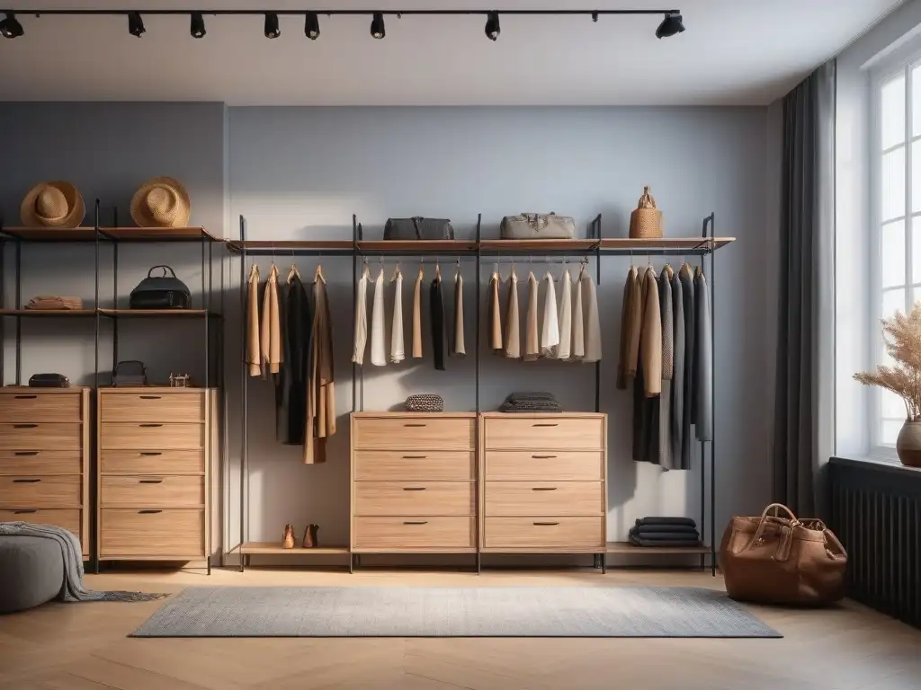 Armario sostenible: moda eco en tonos naturales Armario sostenible sin sacrificar estilo: moda eco en tonos tierra y texturas naturales, perfectamente organizada y bañada por la luz del sol