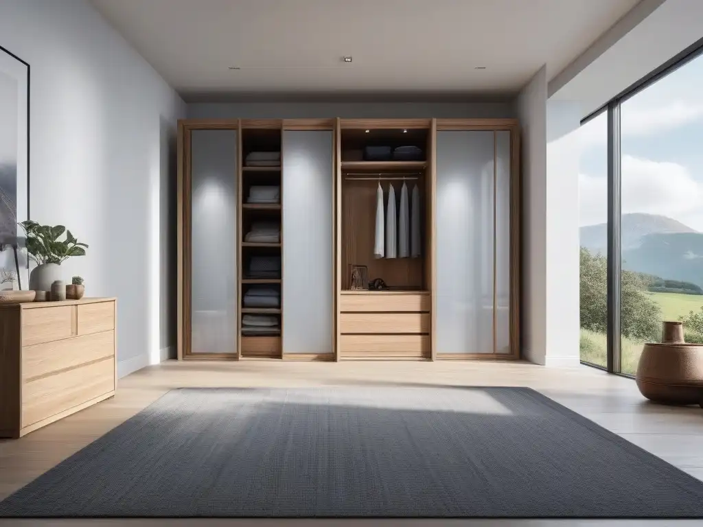 Wardrobe sostenible: moda elegante y orden en un ambiente luminoso Un armario sostenible sin sacrificar estilo, con ropa organizada y elegante, bañado por la luz natural en una habitación luminosa