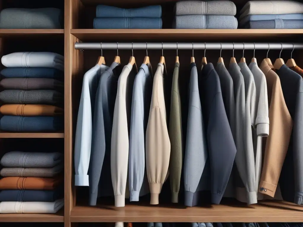 Armario sostenible: prendas eco-friendly organizadas con estilo Un armario sostenible con ropa ordenada y de calidad en tonos terrosos