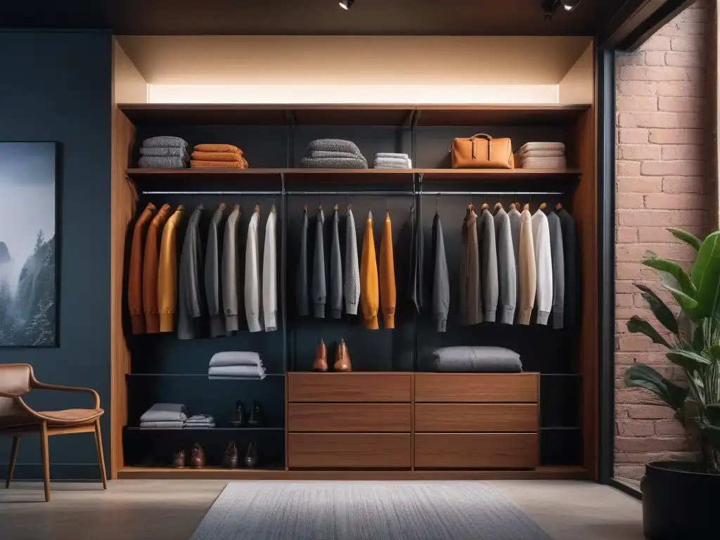 Armario moderno con ropa unisex organizada Un armario transgénero personalizado desde cero, con ropa organizada en perchas de madera en un ambiente acogedor y elegante