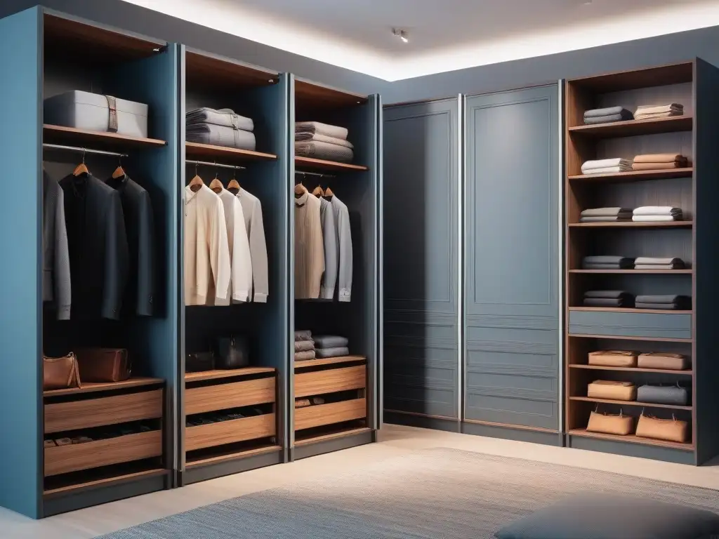 Diseño de armario moderno y minimalista con ropa unisex organizada Un armario transgénero personalizado desde cero, con ropa de género neutro organizada con estilo minimalista y luces suaves