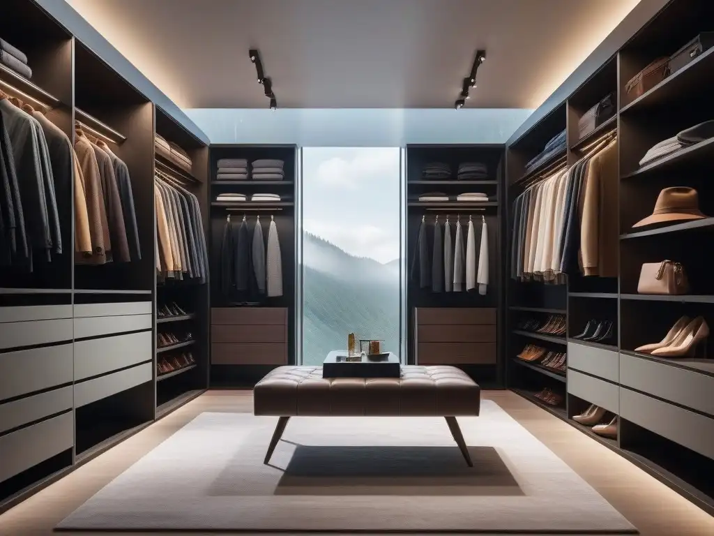 Diseño de vestidor moderno y elegante con variedad de ropa organizada Un armario transgénero personalizado desde cero con ropa diversa organizada en estantes y perchas, reflejando inclusividad y expresión personal