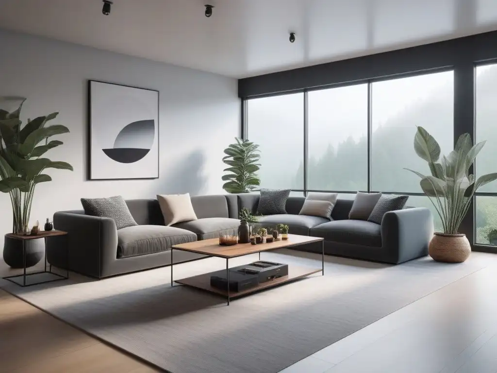 Salón minimalista de diseño: armonía entre moda y mobiliario Armonioso salón con mobiliario diseño bienestar salud hogar en tonos neutros y toques de color, iluminado por luz natural