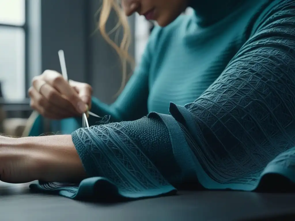 Artesano creando moda sostenible con precisión Un artesano hábil y detallista cose con precisión prendas sostenibles en un espacio minimalista, iluminado y moderno