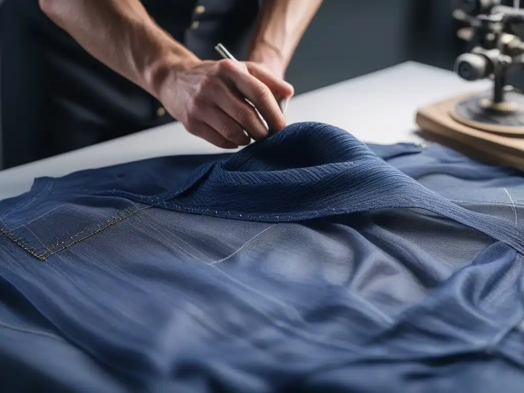 Artesano creando moda sostenible con detalle y precisión Un artesano experto con certificaciones moda sostenible zero waste crea una prenda de alta costura con materiales reciclados