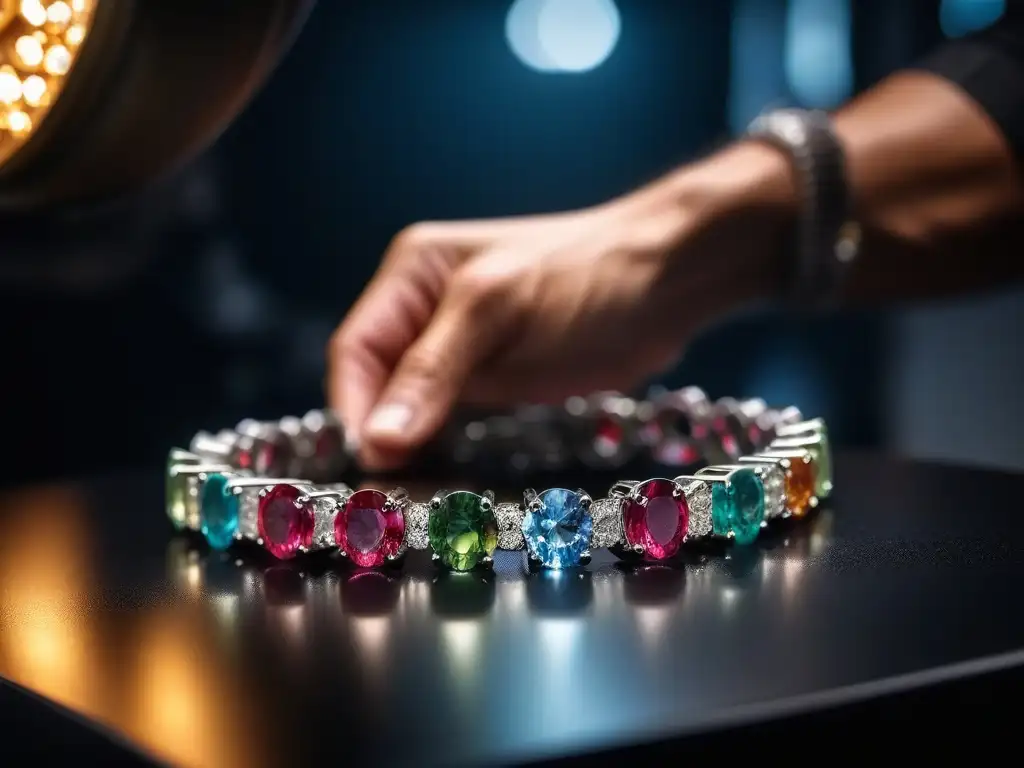 Pulido experto de brazalete de diamantes: lujo y artesanía Un artesano experto puliendo con delicadeza un brazalete incrustado de diamantes, reflejando un arcoíris de colores