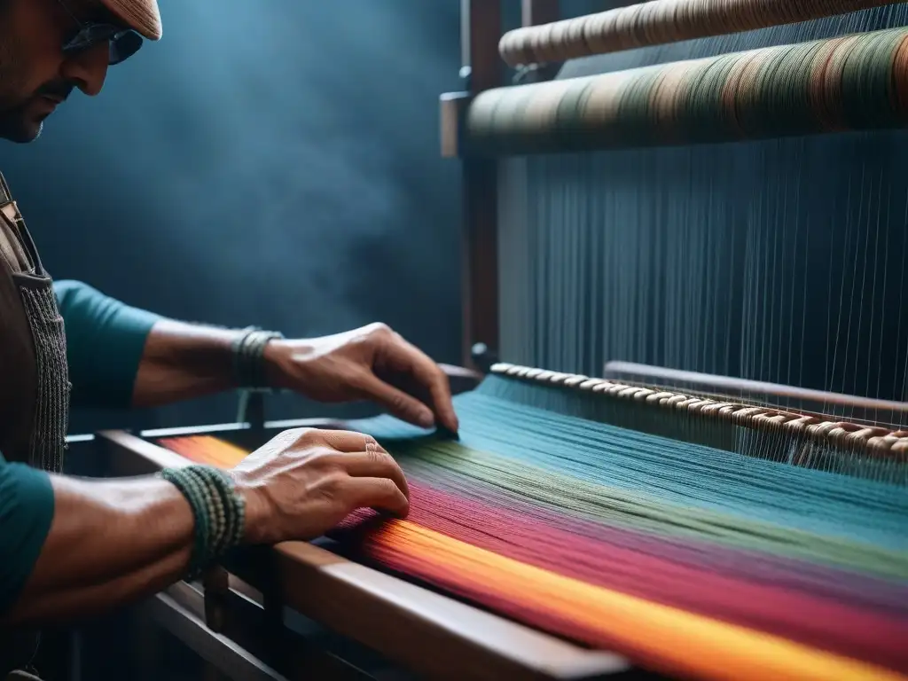 Artesanía textil: tejido detallado con hilos coloridos en telar Un artesano experto teje meticulosamente hilos coloridos en un telar, creando una pieza textil vibrante y detallada