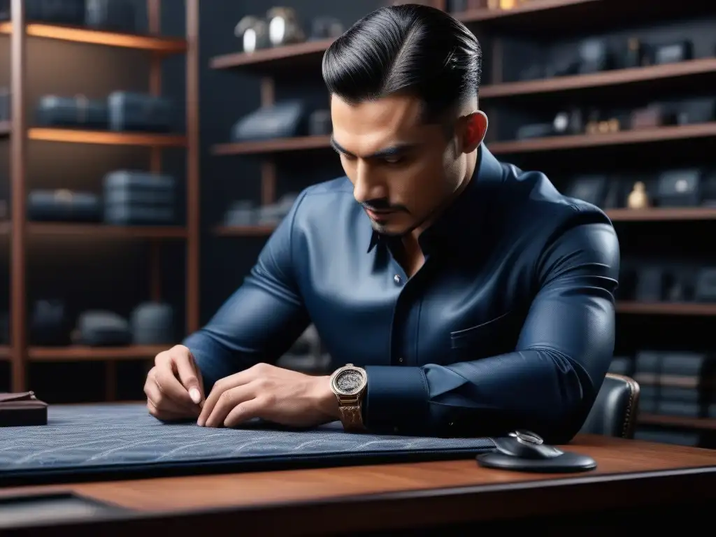 Artesanía de lujo: Creación de accesorios exclusivos en cuero Un artesano experto crea patrones en cuero de lujo, rodeado de gadgets personalizados