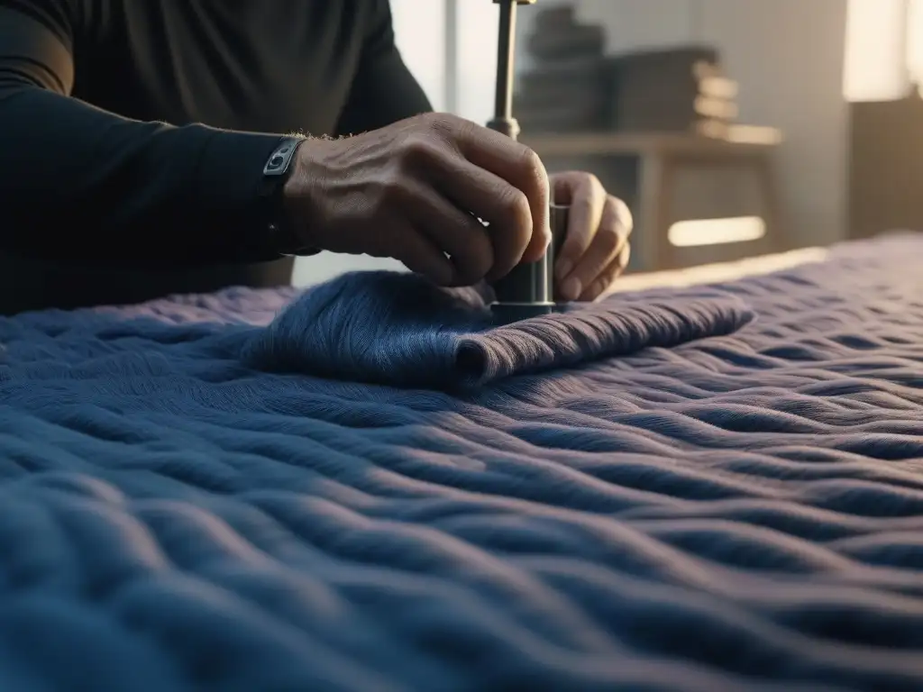 Artesano cosiendo tela ecológica: detalle único Un artesano habilidoso bordando a mano una tela vibrante y ecológica con patrones intrincados, destacando la creación de ropa de trabajo sostenible