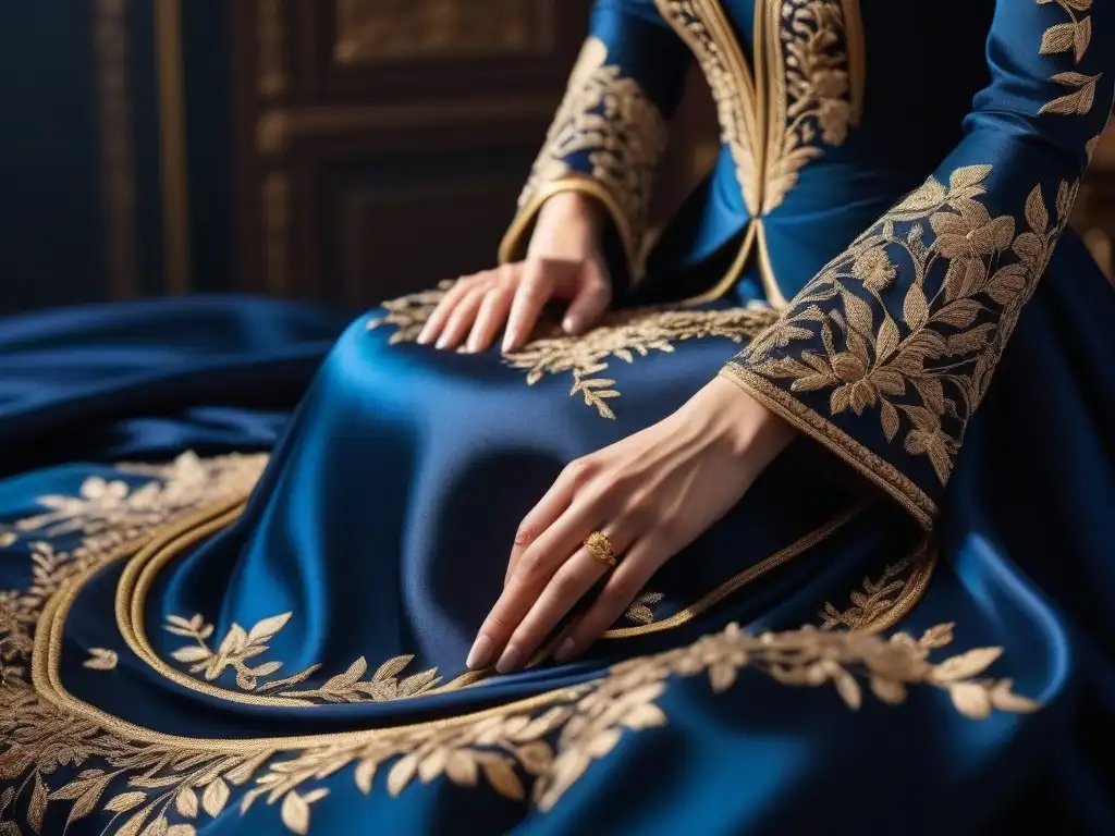 Bordado de lujo: Artesanía dorada en seda azul Un artesano borda con hilo dorado una lujosa túnica azul, resaltando la singularidad de la moda de lujo