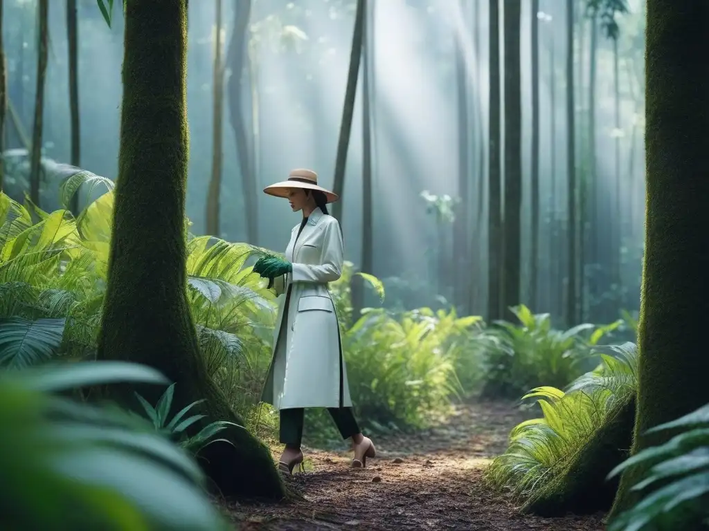 Extracción sostenible de látex en la selva: moda eco-friendly Un artesano extrae látex de un árbol en la selva, simbolizando la moda sostenible del caucho natural en el guardarropa