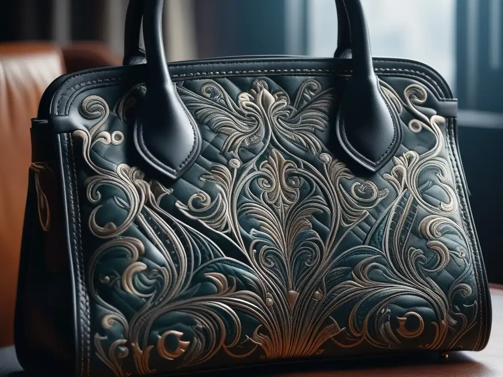 Artesano creando bolso de lujo: detalle y precisión Hábil artesano cosiendo a mano un bolso de lujo, resaltando la moda de alta gama personalizada
