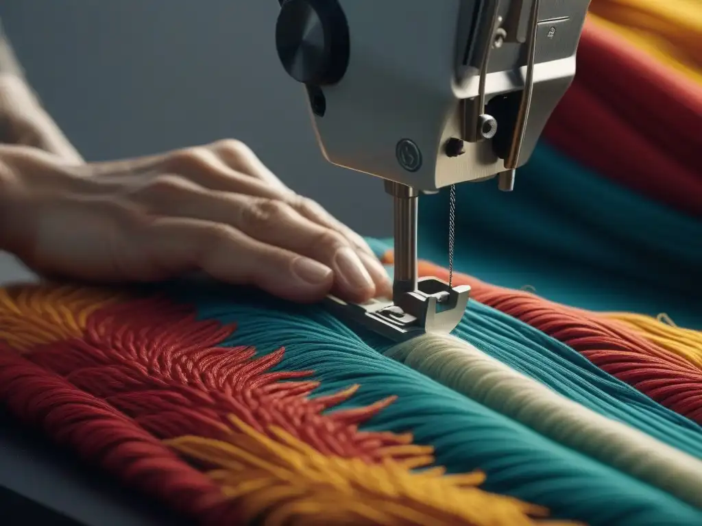 Artesano cosiendo a mano diseño vibrante en tela sostenible, reflejando moda sostenible DIY tallas especiales