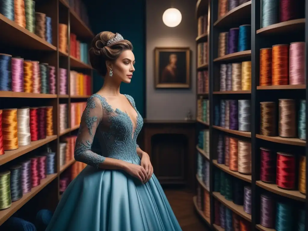 Alta costura: artesanía en detalle Un artesano cosiendo a mano un vestido de alta costura rodeado de hilos de colores y encajes, mostrando la moda de lujo valorando singularidad