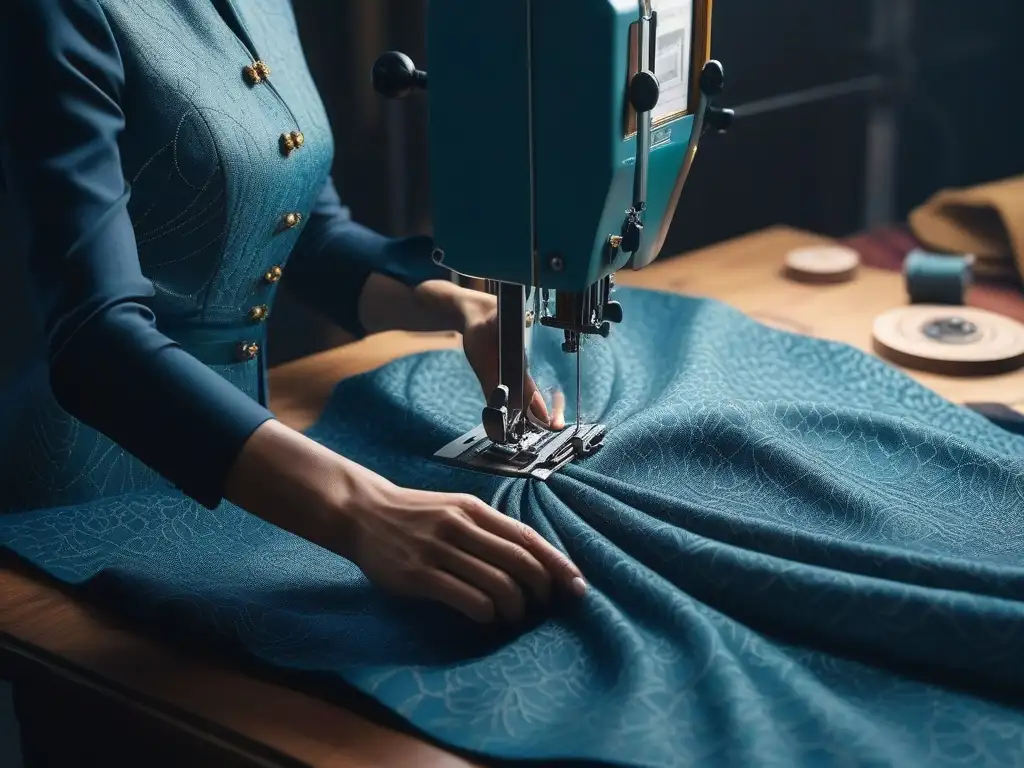 Artesano eco-friendly cosiendo patrón vibrante y detallado Un artesano cosiendo a mano un vibrante patrón en tela eco-friendly, fusionando moda inclusiva, artesanía, modernidad y tecnología