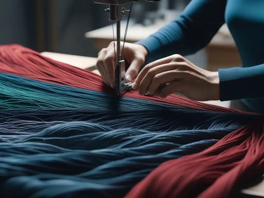 Artesano cosiendo con detalle tela reciclada - Moda sostenible y creativa Un artesano crea moda reciclada para todos, cosiendo con detalle telas coloridas y elegantes, en un taller con rollos de tela y carretes de hilo