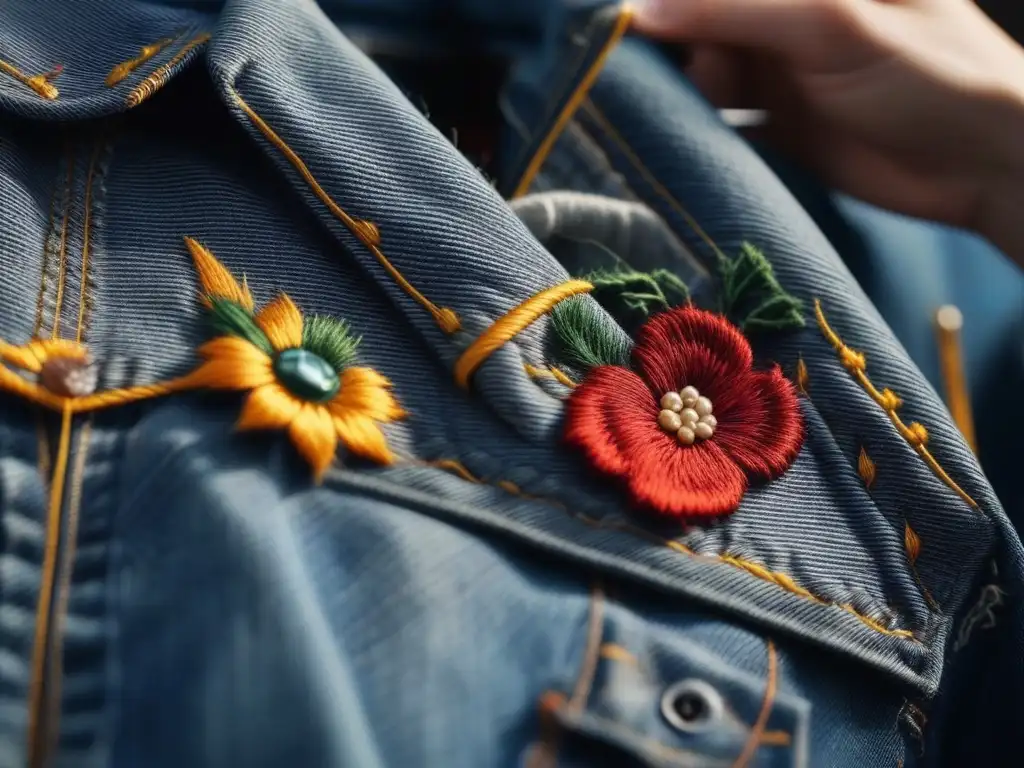 Transformación artesanal: creando moda única con denim reciclado Un artesano transforma ropa vieja en piezas únicas con delicadeza y creatividad