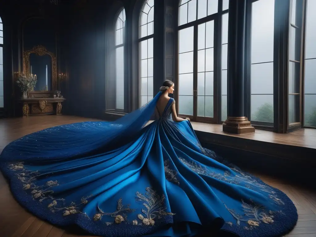 Artesano de la moda de lujo bordando a mano un vestido de alta costura Un artesano en un taller de moda de lujo, bordando a mano un vestido único con hilo dorado sobre tela azul