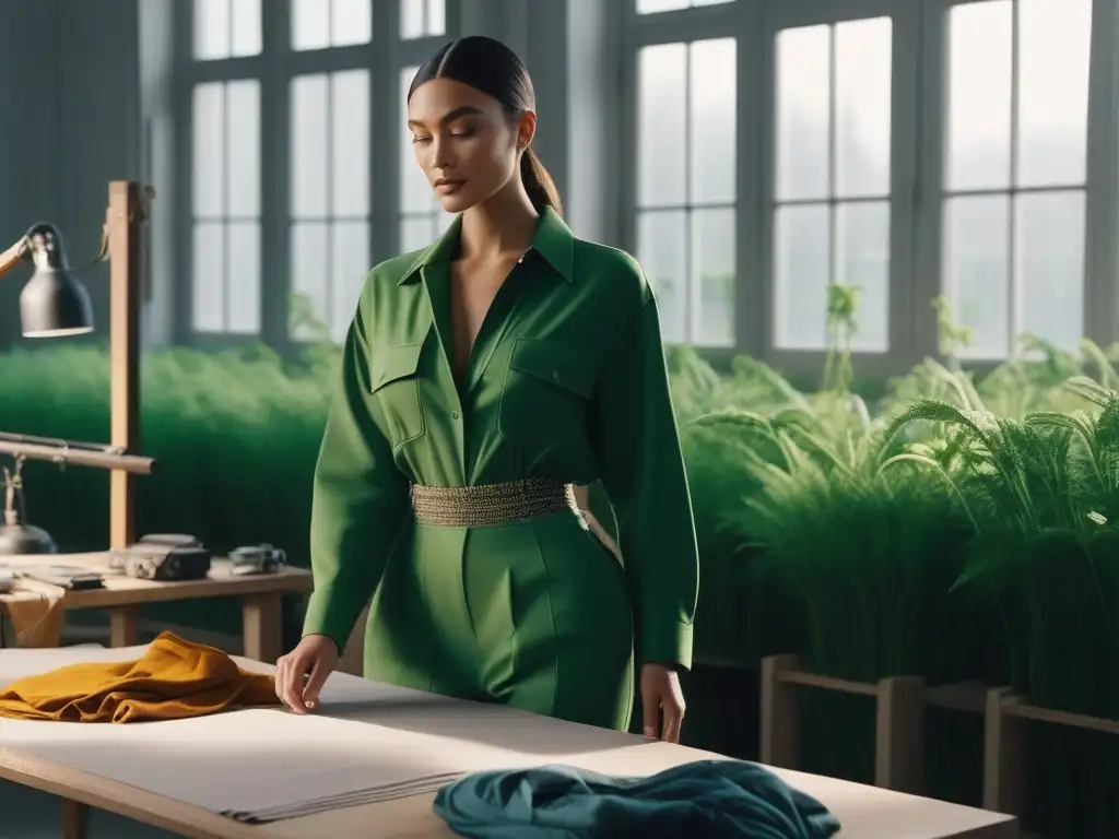 Diseñadores de moda creando prendas sostenibles en estudio luminoso Artesanos creando moda sostenible certificada en estudio luminoso con plantas verdes