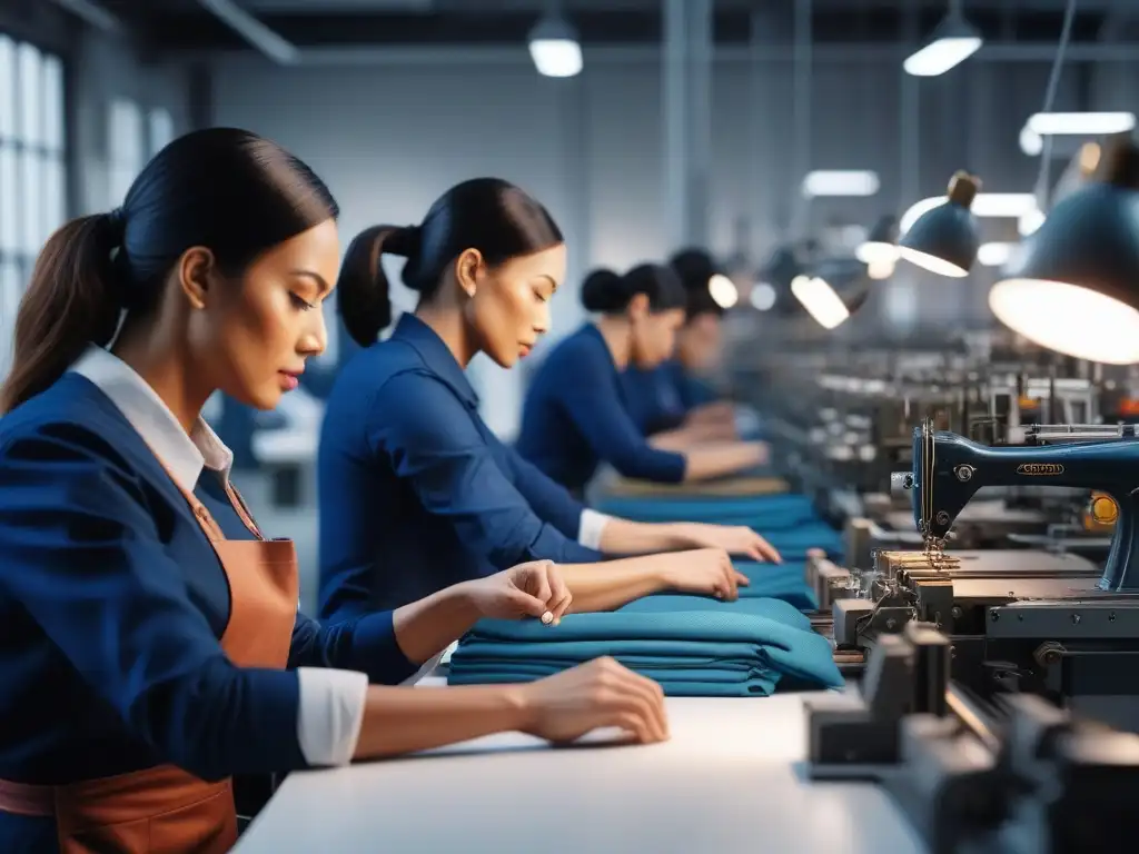 Producción sostenible de moda: color, detalle y ética Artesanos elaborando ropa ecológica con maquinaria moderna y materiales éticos en una línea de producción de marca de moda sostenible
