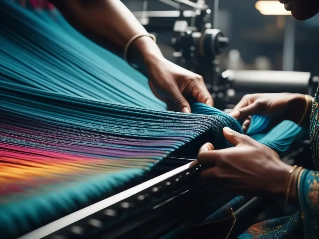 Tejido sostenible: tradición e innovación en la moda ética Artesanos tejen tela sostenible en telar, con patrones ecológicos y colores vibrantes