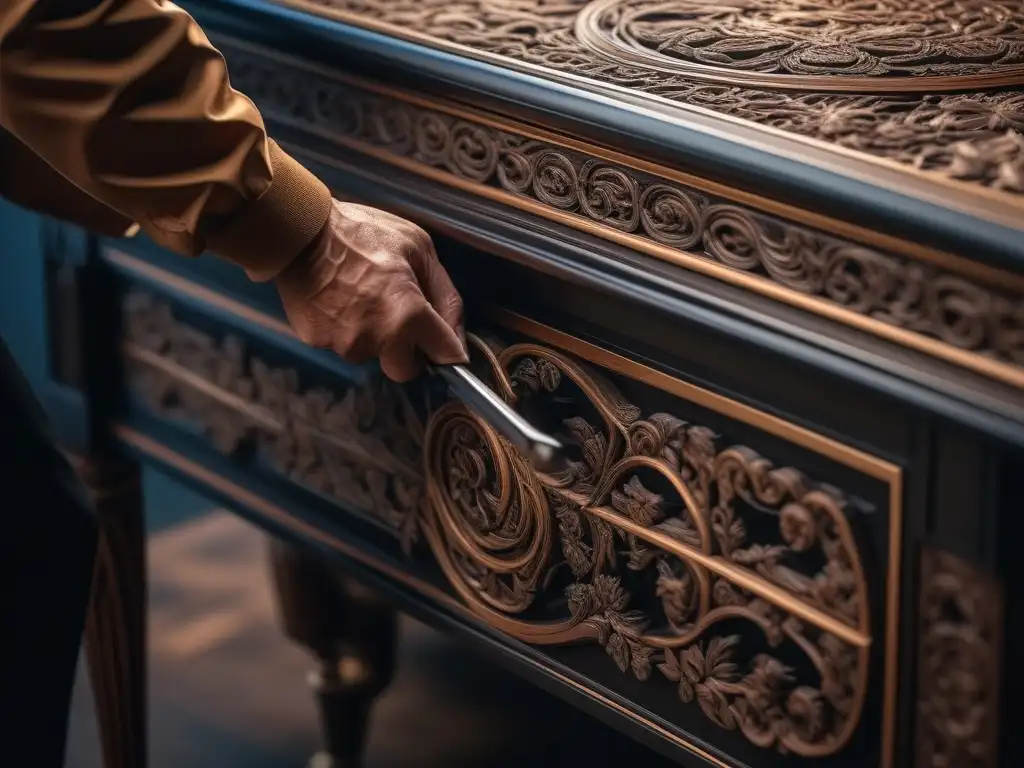 Artesano tallando diseño en mueble de lujo Artista tallando diseños en mobiliario de lujo, combinando artesanía tradicional con diseño moderno