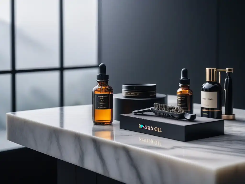 Estación de aseo masculino: cuidado de barba con lujo Estación de aseo moderna con herramientas de barbero y productos para cuidado de barba y piel