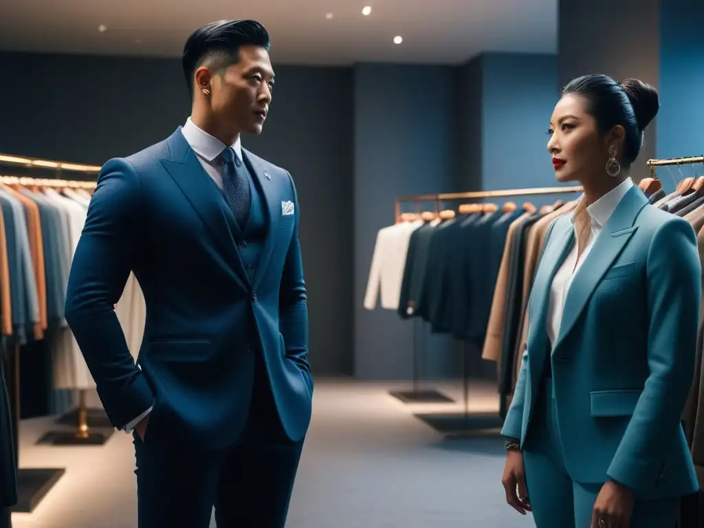 Asesor de moda asiático en boutique inclusiva Asesor de moda masculina inclusiva ayudando con confianza en una boutique elegante y acogedora