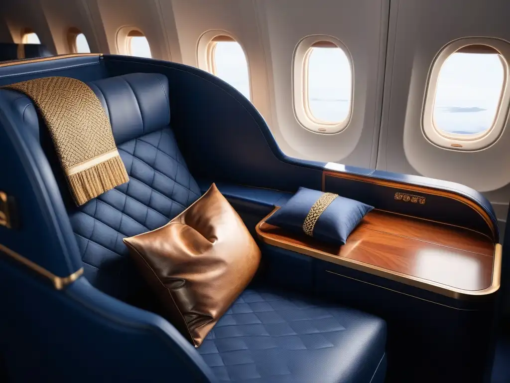 Sofisticado asiento de avión de lujo en azul y oro Asiento de avión de primera clase lujoso en azul marino y detalles dorados, con accesorios de moda en vuelos largos chic