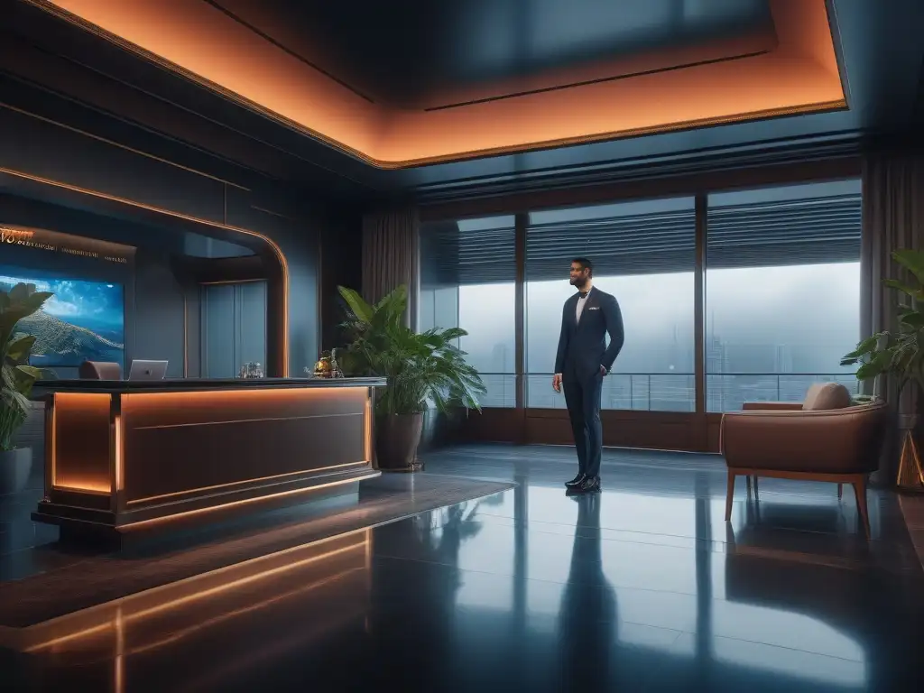 Asistente virtual de lujo en holograma: tecnología y elegancia Un asistente de viaje virtual interactúa con un viajero en un lobby de hotel de lujo, fusionando tecnología y elegancia
