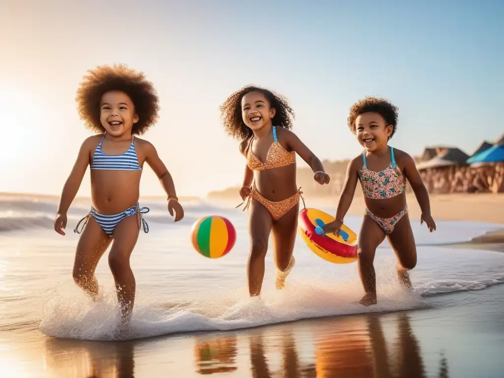Diversión inclusiva: niños diversos juegan felices en la playa al atardecer Un atardecer cálido en la playa con niños de diferentes etnias y habilidades jugando felices, reflejando la inclusividad