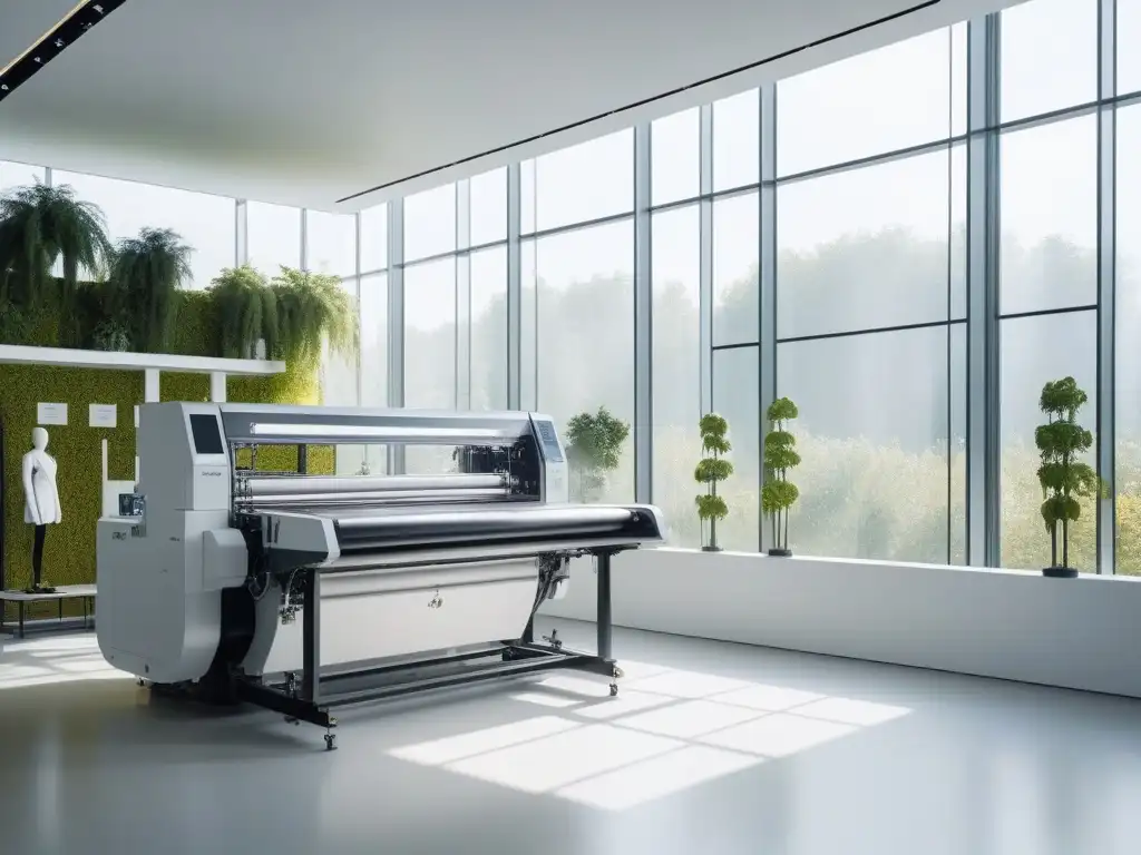 Moda biotecnológica: Atelier de tejidos futuristas Un atelier de alta tecnología con telares futuristas y maniquíes con prendas de tejidos personalizados en un ambiente innovador y orgánico
