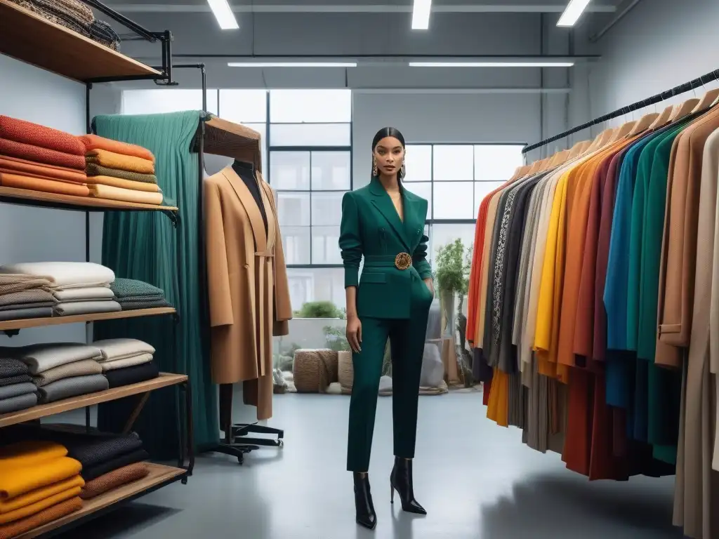 Colaboración creativa en atelier ecofriendly: moda sostenible Un atelier ecoamigable con diseñadores de moda colaborando en prendas sostenibles, reflejando innovación y normativas reciclaje moda certificaciones