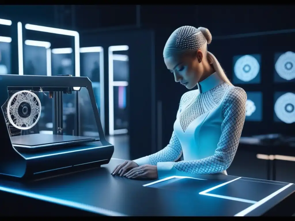 Moda futurista: atelier con impresora 3D creando alta costura Un atelier futurista con impresión 3D, moda personalizada y tecnología de vanguardia
