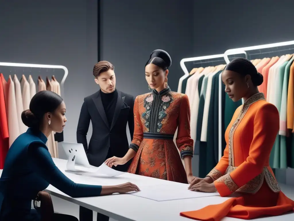 Diseñadores de moda innovando juntos en atelier inclusivo Un atelier inclusivo donde diseñadores de moda de diversas culturas y habilidades colaboran con tecnología innovadora