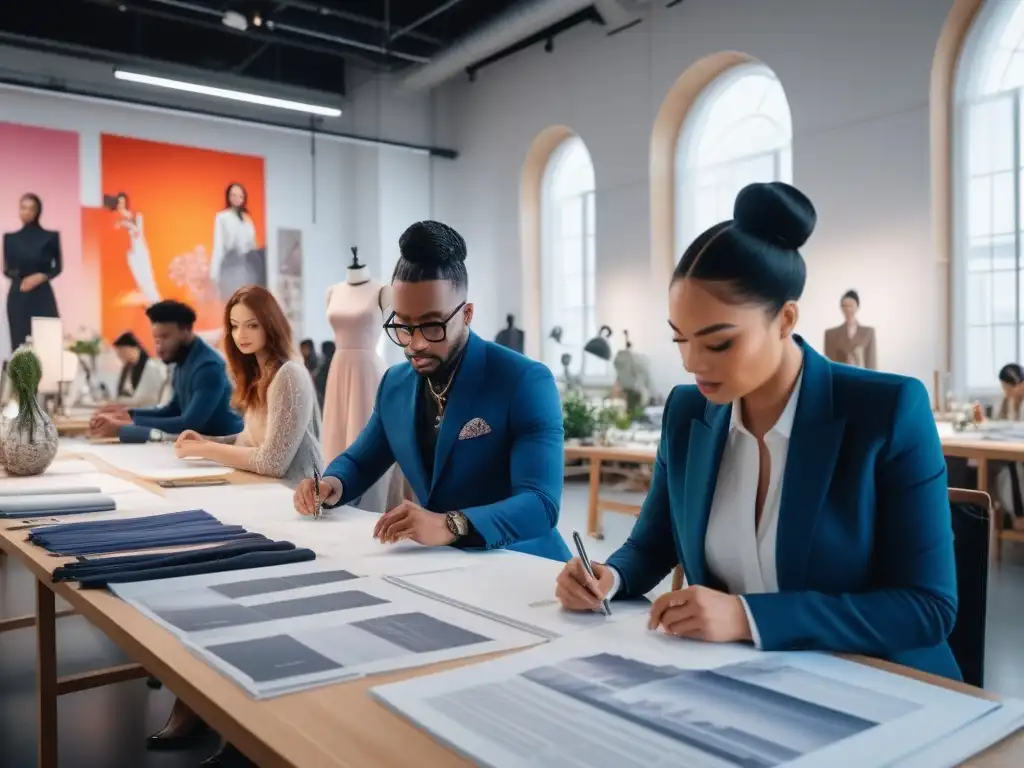 Diseñadores de moda innovadores en atelier inclusivo Un atelier luminoso y espacioso donde diseñadores de moda diversos colaboran apasionadamente, reflejando la moda inclusiva en la cadena de suministro textil