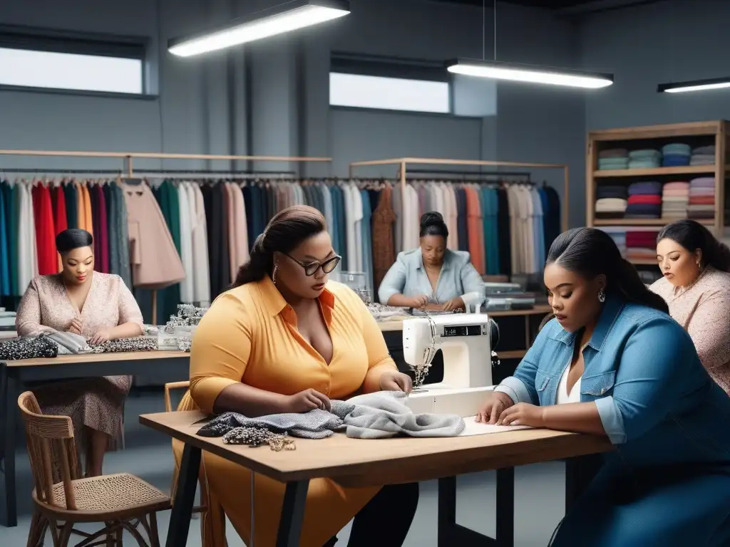Atelier de moda inclusiva: diseñadores plussize creando con pasión Un atelier luminoso y moderno donde diseñadores de moda tallas grandes colaboran con transparencia y pasión