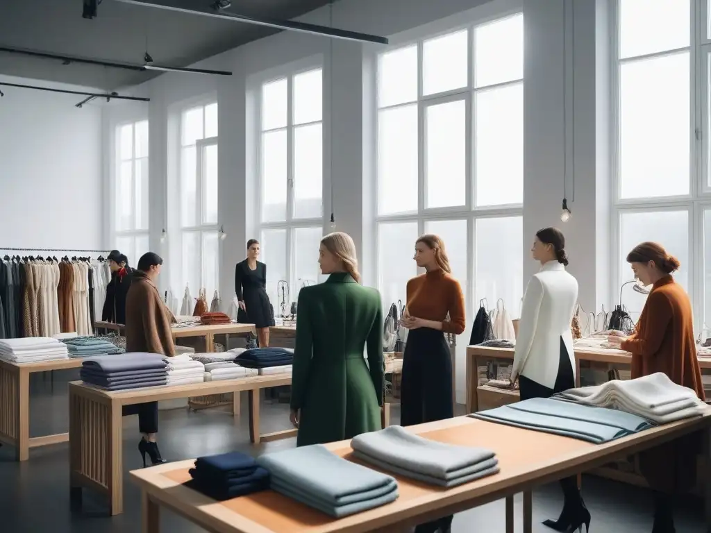 Atelier de moda sostenible: creatividad ética en acción Un atelier de moda ética y sostenible SA8000 con diseñadores creativos trabajando en una colección innovadora