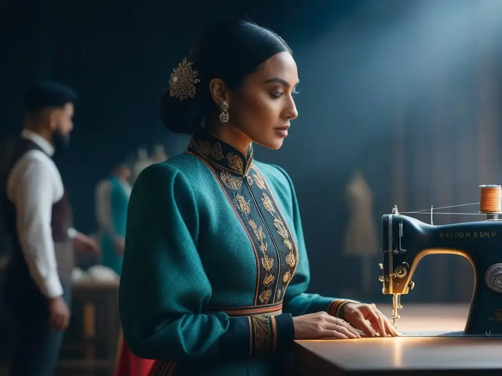 Un atelier de moda sostenible con diseñadores de diversos enfoques culturales creando prendas únicas y ecofriendly