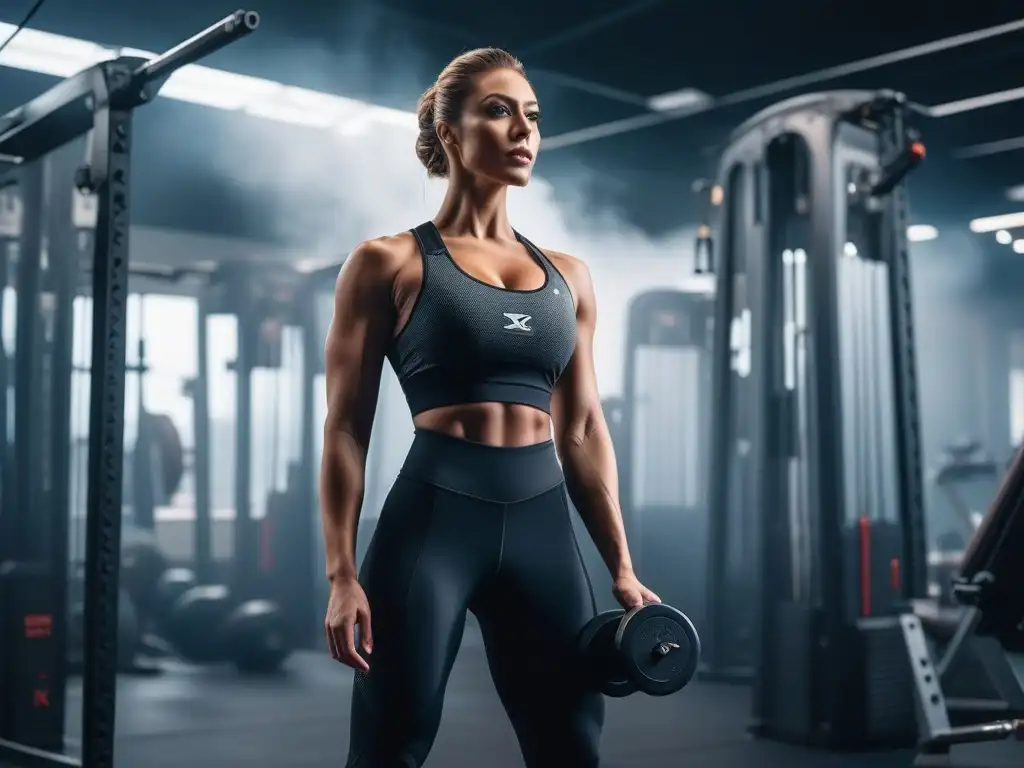 Entrenamiento dinámico para altos en gimnasio de vanguardia Un atleta alto y atlético destaca en un gimnasio moderno, realizando un entrenamiento especializado para cuerpos altos